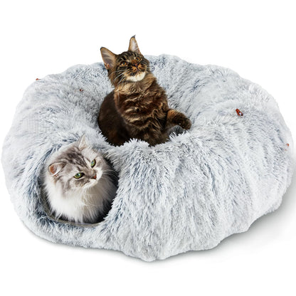 Bininl Cat Tunnel Bed for Indoor Cats Peekaboo Cat Cave Donut Tunnel for Cat with Washable Circle Cushion Interior Cat Play Tunnel (34 Inch Grey)